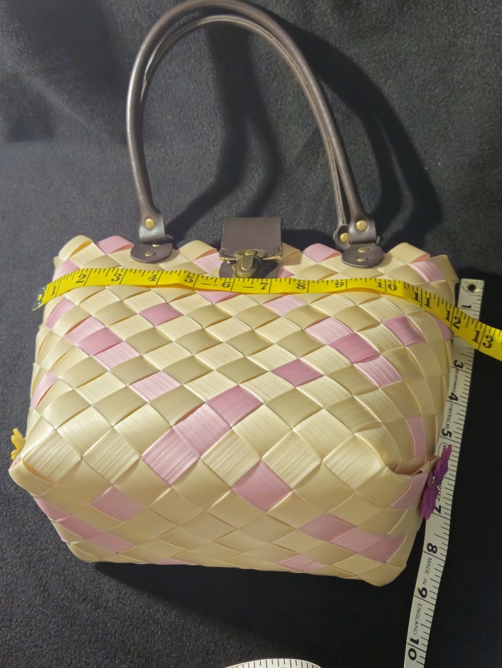 Unbranded Woven Pink & Champagne Tote Bag with Dark Brown Faux Leather Handles - Picture 9 of 11